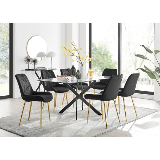 Leonardo Black Leg Glass Dining Table & 6 Black Pesaro Gold Leg Chairs