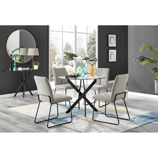 Novara Round Glass Dining Table & 4 Cream Halle Chairs