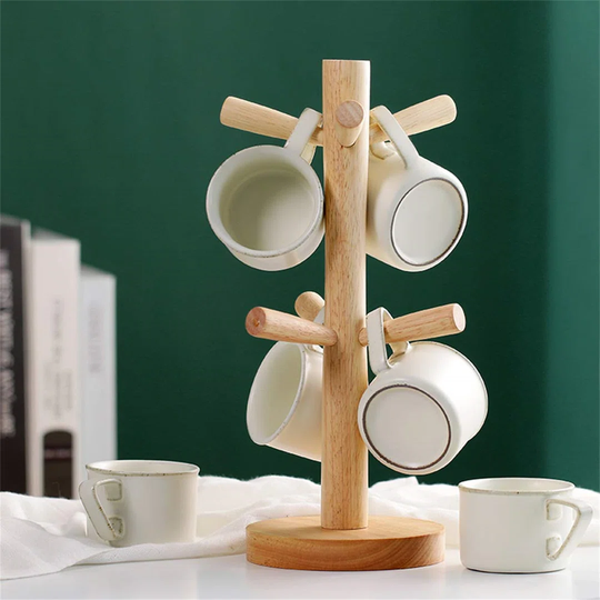 Wood Mug Tree Mug Holder Mug Rack Tabletop Holder Wood Cup Holder Storage Organizer Display Stand Kitchen Supplies For Tea Coffee Cup Mug Hooks (6 Cup