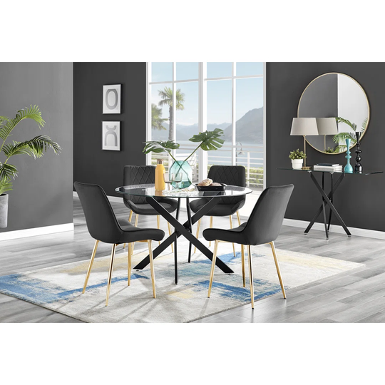 Novara Black Leg 120Cm Round Glass Dining Table & 4 Black Pesaro Gold Leg Chairs