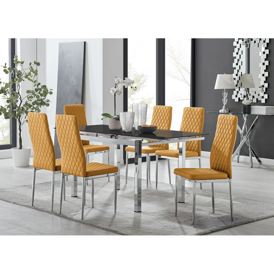 Enna Black Glass Extending Dining Table And 6 Mustard Milan Chairs
