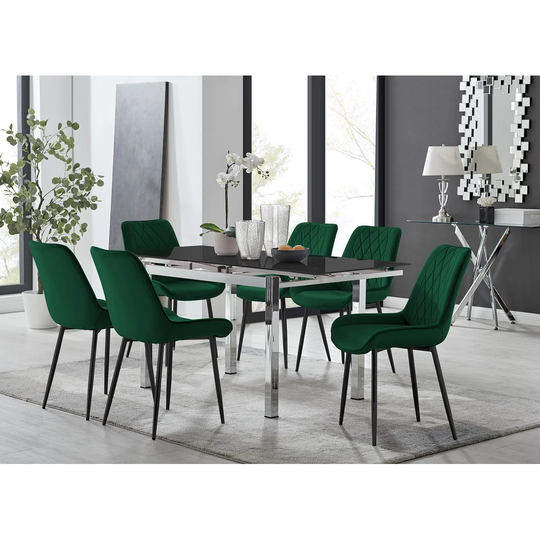 Enna Black Glass Extending Dining Table And 6 Green Pesaro Black Leg Chairs