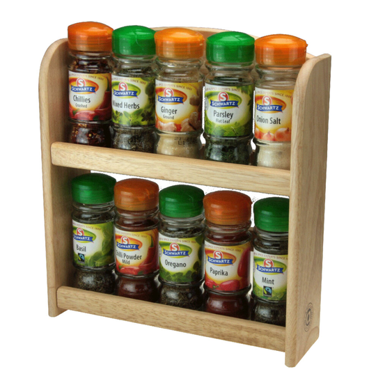 Filled Schwartz 10 Piece Jars 2-tier Wooden Spice Storage Rack Display Stand Set