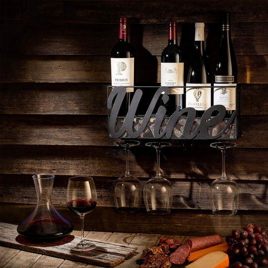 Hicksville 5 Bottle Wall Mounted Wine Bottle & Glass Rack in Black
