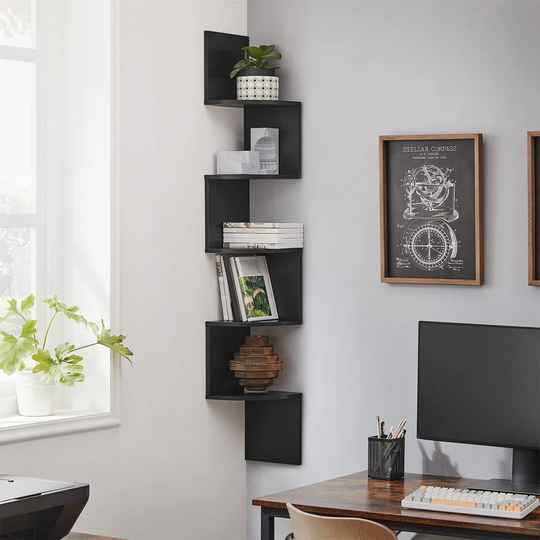 5-Tier Wall-Mounted Corner Shelf, Wooden Display Shelf, For Kitchen, Bedroom, Living Room, Study, Black
