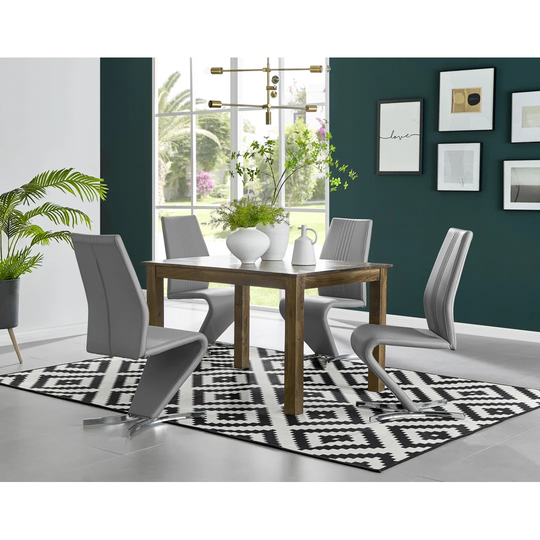 Anders Dark Walnut Solid Wood Dining Table & 4 Grey Willow Chairs