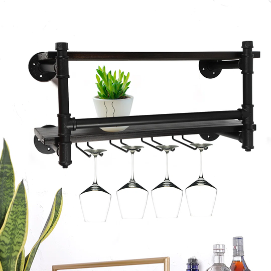 Angeni 4 Bottle Wall Mounted Wine Bottle & Glass Rack in Black