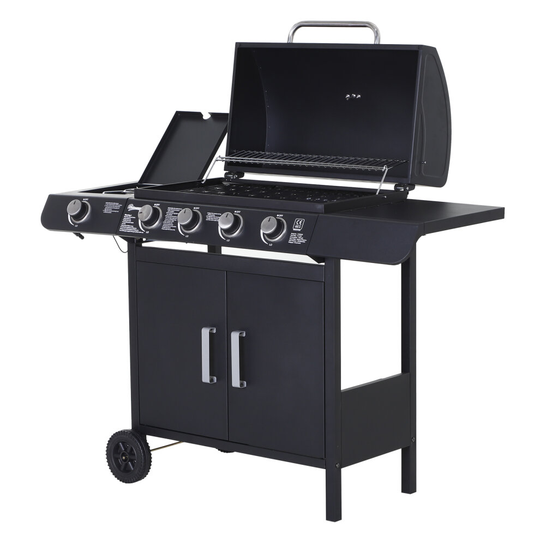 Outsunny Gas Barbecue | 4+1 BBQ Grill With Storage & Side Table