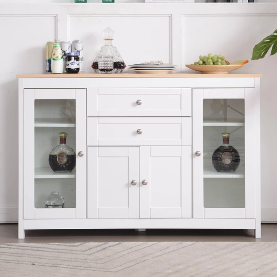 Glass Inlay Door Two Drawers Sideboard With White Wood Grain