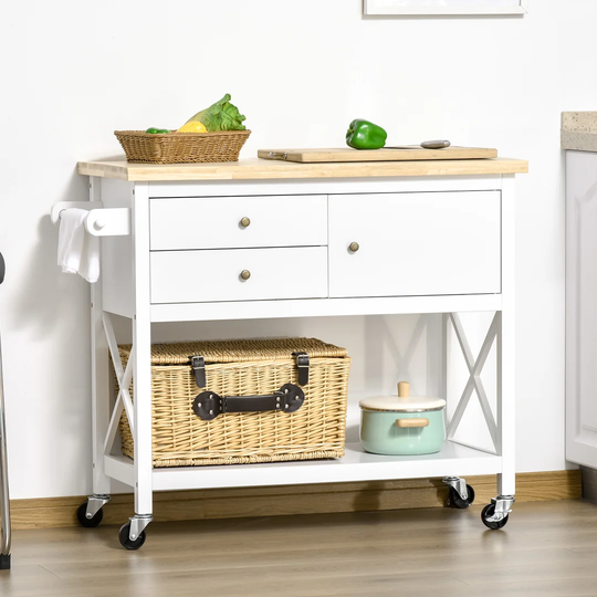 Dede 108 Cm Kitchen Trolley with Solid Wood Top and Locking Wheels