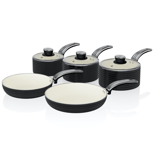 Swan Black Retro Non-Stick 5pce Pan Set, 3 Saucepans 16/18/20cm, 2 Frying Pans 20/28cm with Tempered Glass Lids & Compatible with Induction Hobs