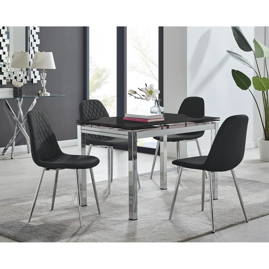 Enna Black Glass Extending Dining Table And 4 Black Corona Silver Leg Chairs