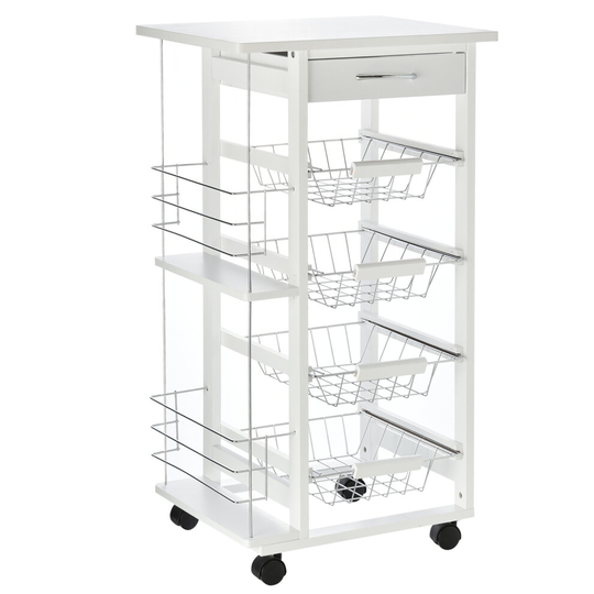 HOMCOM Kitchen Island Trolley with Baskets Side Racks Drawer White