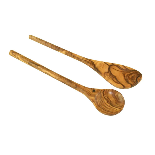 2 round cooking spoons with corner - made of olive wood