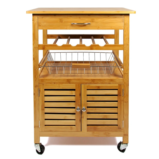 Bamboo Kitchen Trolley Cart With Drawer,Wire Basket,Storage Cabinet & Wine Rack