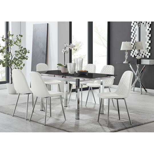 Enna Black Glass Extending Dining Table And 6 White Corona Silver Leg Chairs