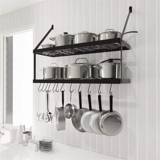Pan Rack Wall Mounted Kitchen Pots And Pans Hanging Rack, 2 Tiers Kitchen Wall Shelf With 12 S-Hooks Heavy Duty Matte Black 75CM, KUR218S75B-BK