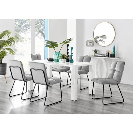 Pivero White High Gloss Dining Table & 6 Light Grey Menen Chairs