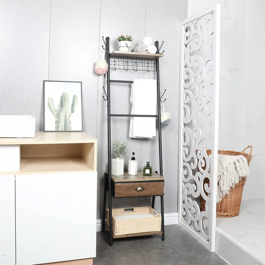 Ladder Shelf 3-Tier Leaning Bookshelf With Drawer, Wood Storage Rack Shelf With 4 Hanging Hooks, Great For Living Room Bathroom Bedroom Office And Mor