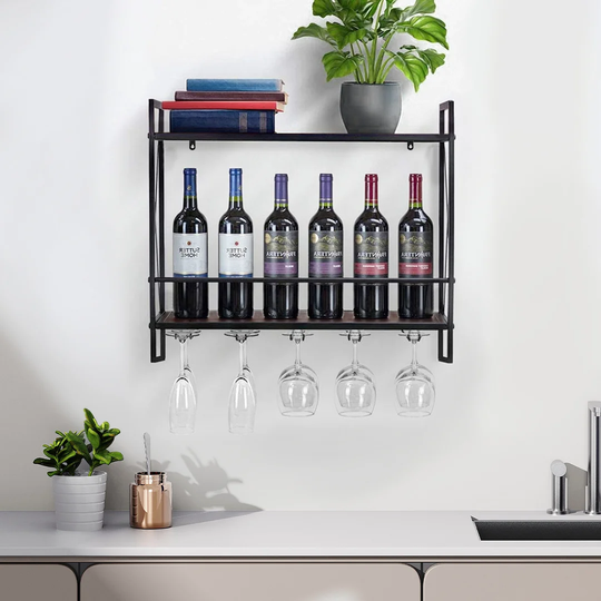 Naccarato 6 Bottle Wall Mounted Wine Bottle & Glass Rack in Black/Brown