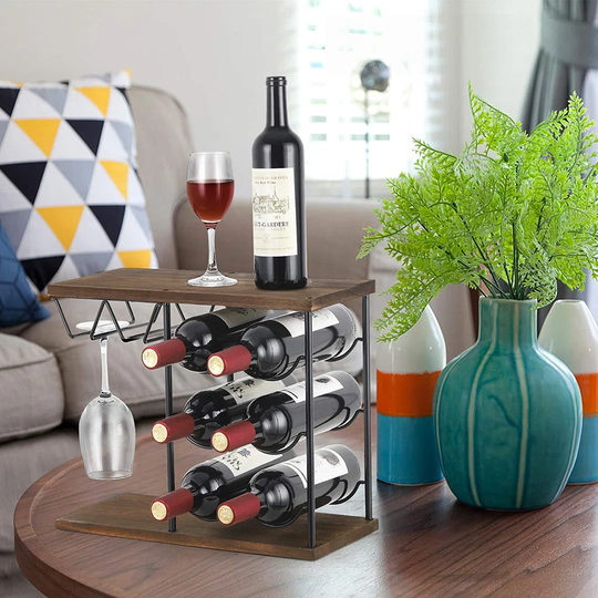 Wine Glass Rack Free Standing Floor, Metal & Wood Countertop Wine Holder, 6 Bottles And 4 Glasses Stand