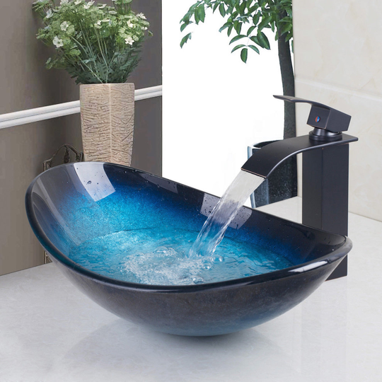Tempered Glass Bathroom Toilet Waterfall Faucet Pop Drain Combo Tap