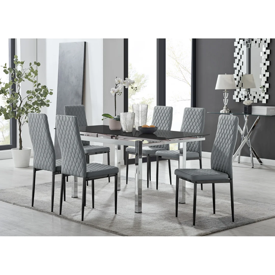 Enna Black Glass Extending Dining Table And 6 Grey Milan Black Leg Chairs