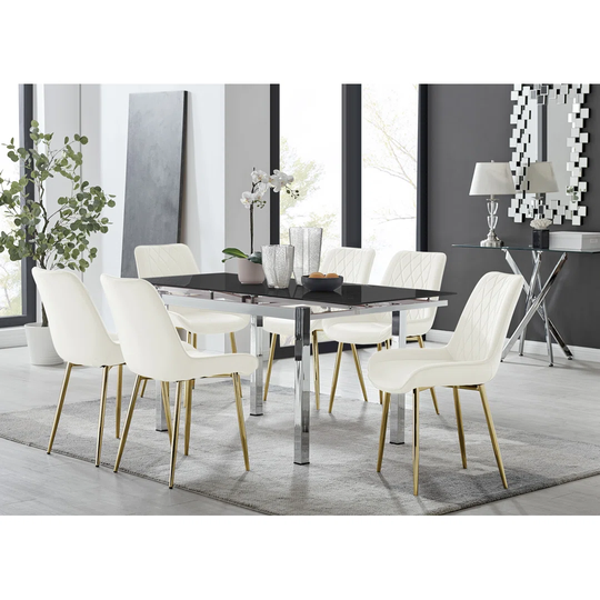 Enna Black Glass Extending Dining Table And 4 Cream Pesaro Silver Leg Chairs