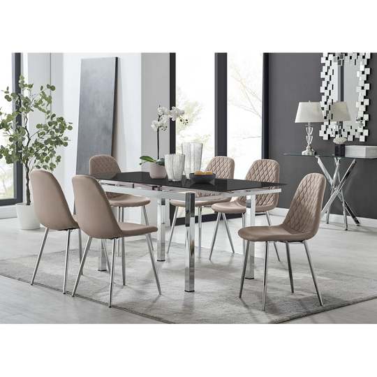 Enna Black Glass Extending Dining Table And 6 Cappuccino Corona Silver Leg Chairs