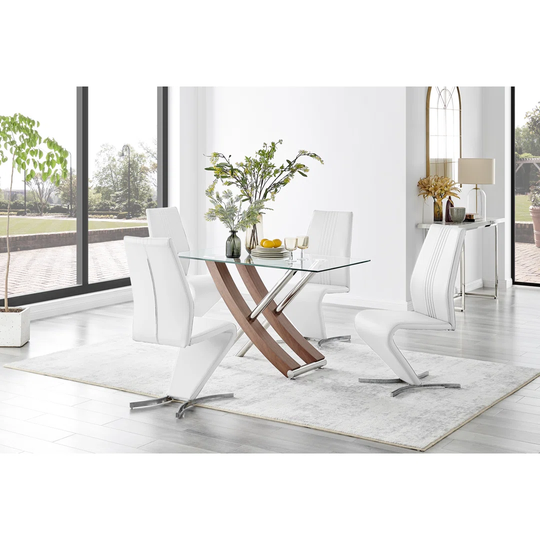 Mayfair Glass & Brown Wood Effect Dining Table & 4 White Willow Chairs