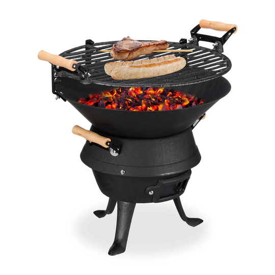 Sayre This barbecue features a unique barrel shape and wooden handles.
