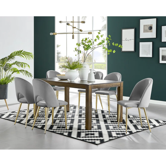 Anders Dark Walnut Solid Wood Dining Table & 6 Grey Arlon Gold Leg Chairs