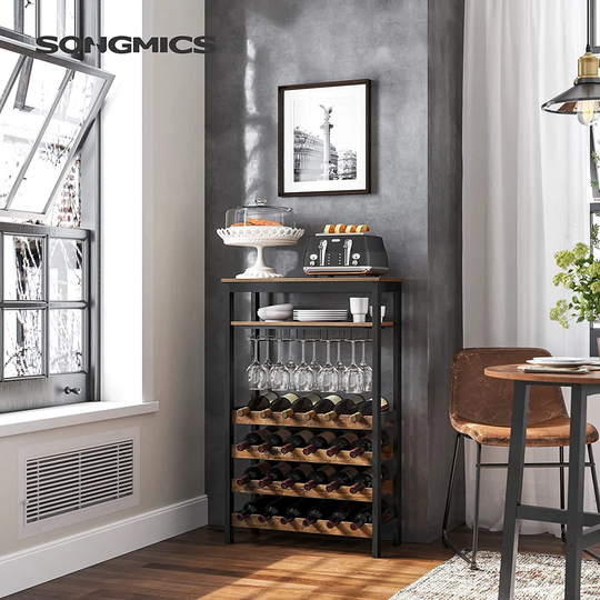 24-Bottle Freestanding Wine Rack, Wine Storage Display Shelves With Tabletop And Glass Holder, Bar Rack With Bottle Holder For Kitchen Bar Dining Room