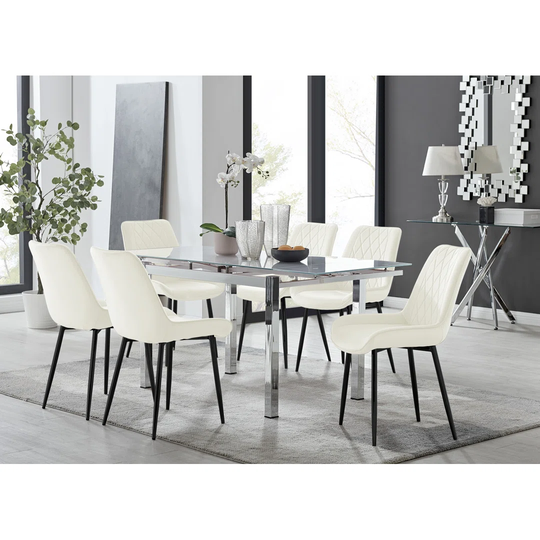 Enna White Glass Extending Dining Table And 6 Cream Pesaro Black Leg Chairs