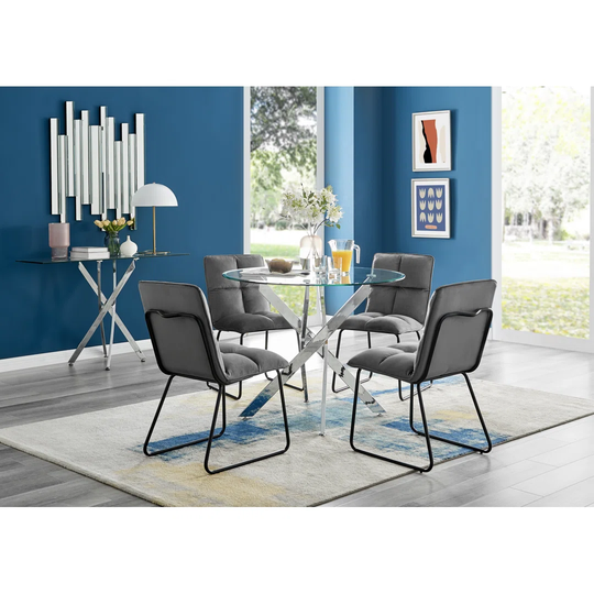 Novara Round Glass Dining Table & 4 Dark Grey Menen Chairs