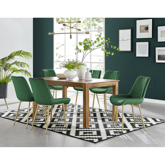 Anders Honey Solid Wood Dining Table & 6 Green Pesaro Gold Leg Chairs