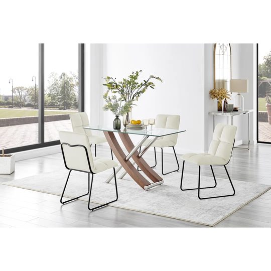 Mayfair Glass & Brown Wood Effect Dining Table & 4 Cream Menen Chairs