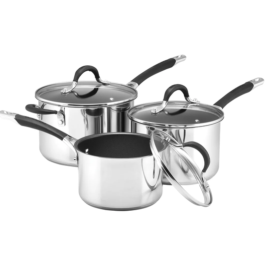 Circulon Momentum 3 Piece Stainless Steel Induction Non Stick dishwasher safe saucepans set, with glass lids