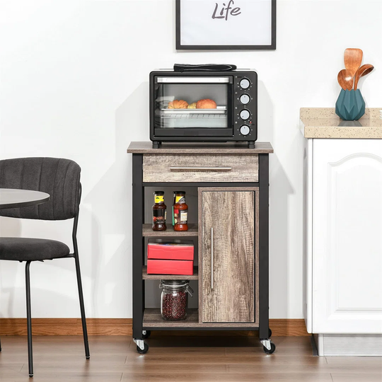 Kitchen Trolley Utility Cart On Wheels With Storage Shelves & Drawer For Dining Room, Oak