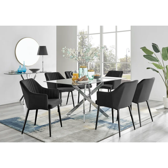 Leonardo Glass And Chrome Dining Table & 6 Black Calla Black Leg Velvet Chairs