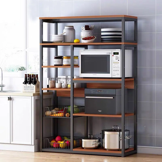 Floor Shelf Unit Leena Pakoworld Metallic In Black-Walnut Color 80X30x142cm