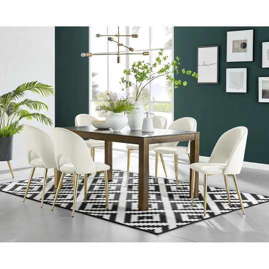 Anders Dark Walnut Solid Wood Dining Table & 6 Cream Arlon Gold Leg Chairs
