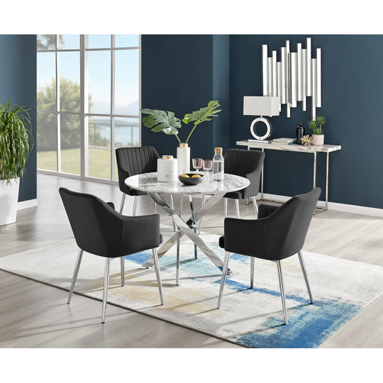 Novara White Marble Round Dining Table & 4 Black Calla Silver Leg Chairs