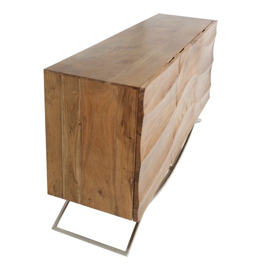 Sideboard Wooden Waves With 3 Doors. Acacia Wood And Silver Metal Chromed Legs