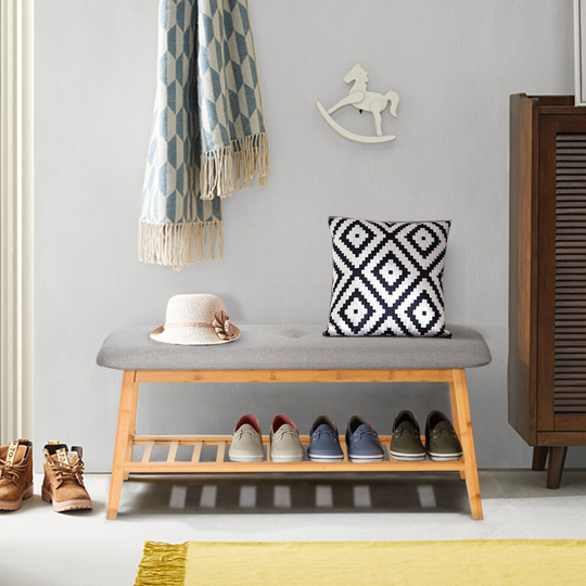 Upholstered Shoe Bench Seat w/Storage Rack Bamboo Shoe Organizer