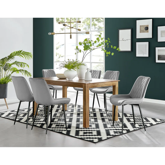 Anders Honey Solid Wood Dining Table & 6 Grey Pesaro Black Leg Chairs