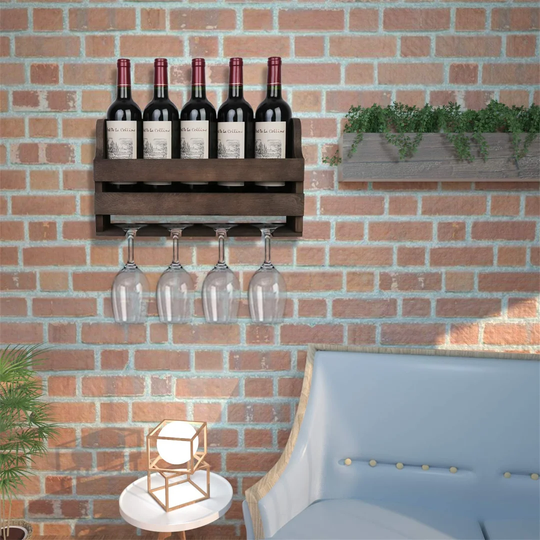 Thome 5 Bottle Solid Wood Wall Mounted Wine Bottle & Glass Rack in Brown