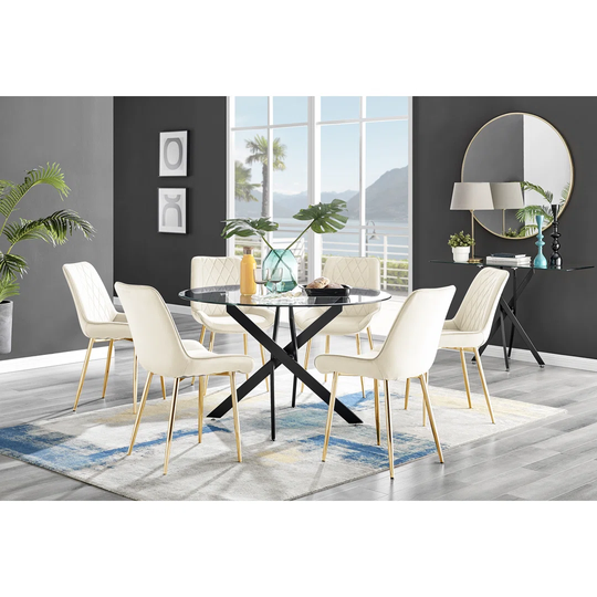 Novara Black Leg 120Cm Round Glass Dining Table & 6 Cream Pesaro Gold Leg Chairs