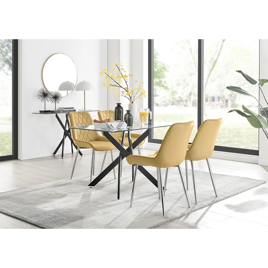 Leonardo Black Leg Glass Dining Table & 4 Mustard Pesaro Silver Leg Chairs