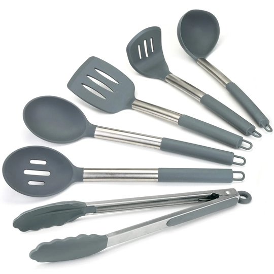 Premium 6Pc Silicone Kitchen Utensil Set For Cooking. Sleek Grey And Brushed Stainless Steel. Includes; Tongs, Serving Spoon, Slotted Spoon & Turner,